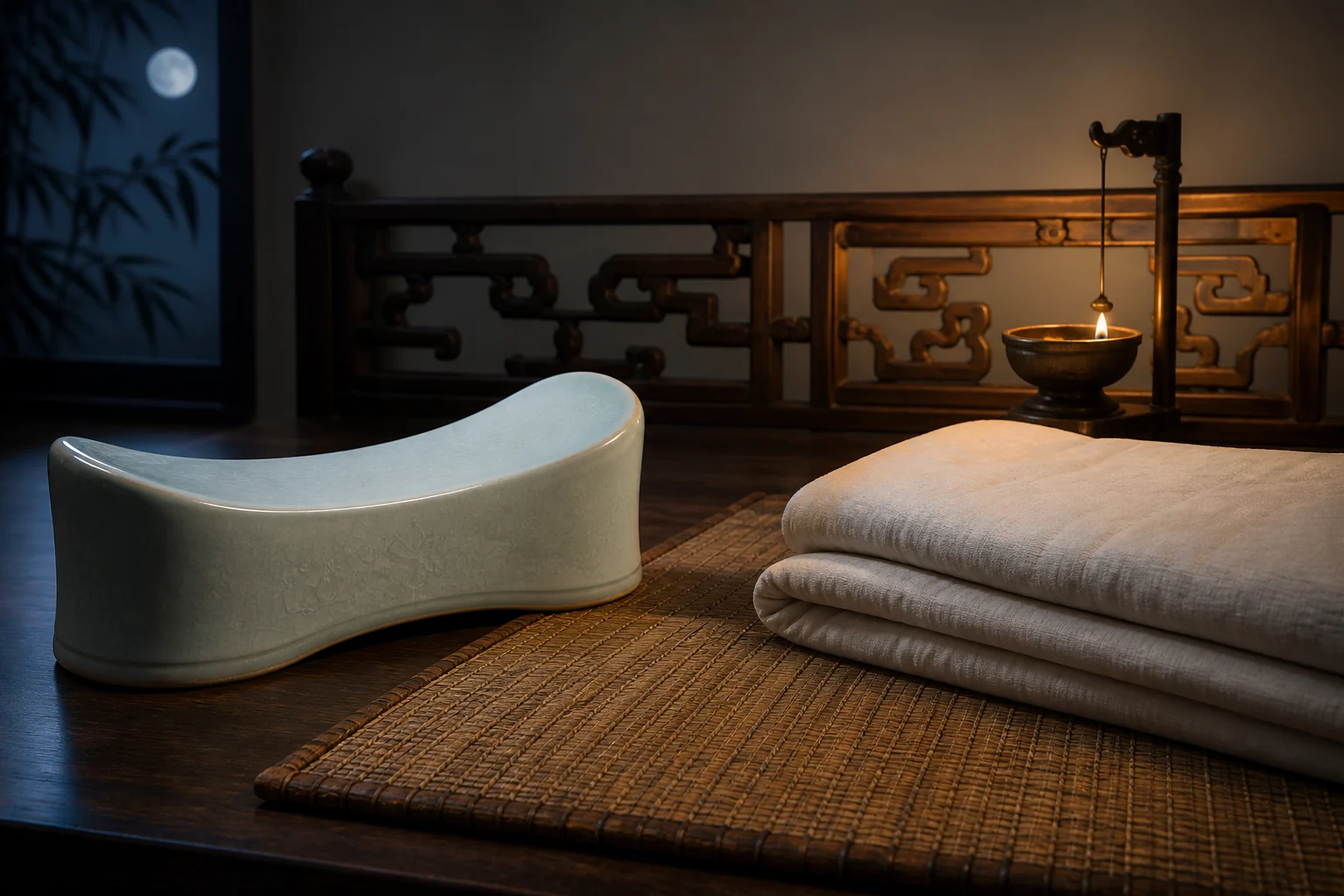 A Chinese ceramic pillow, bamboo mat, cotton quilt, oil lamp and wooden bed rail