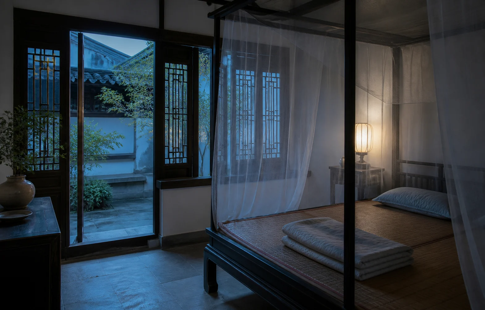 A bamboo mat, light quilt, mosquito net and open windows in a Jiangnan summer bedroom