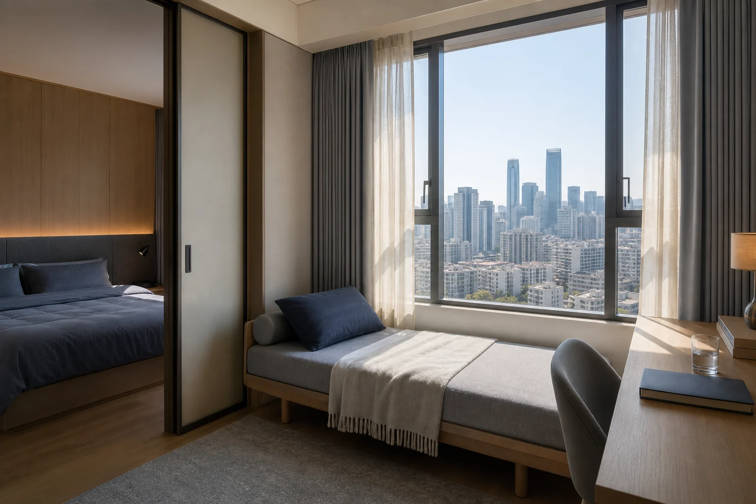 A night bedroom and a day-rest couch side by side in a city apartment