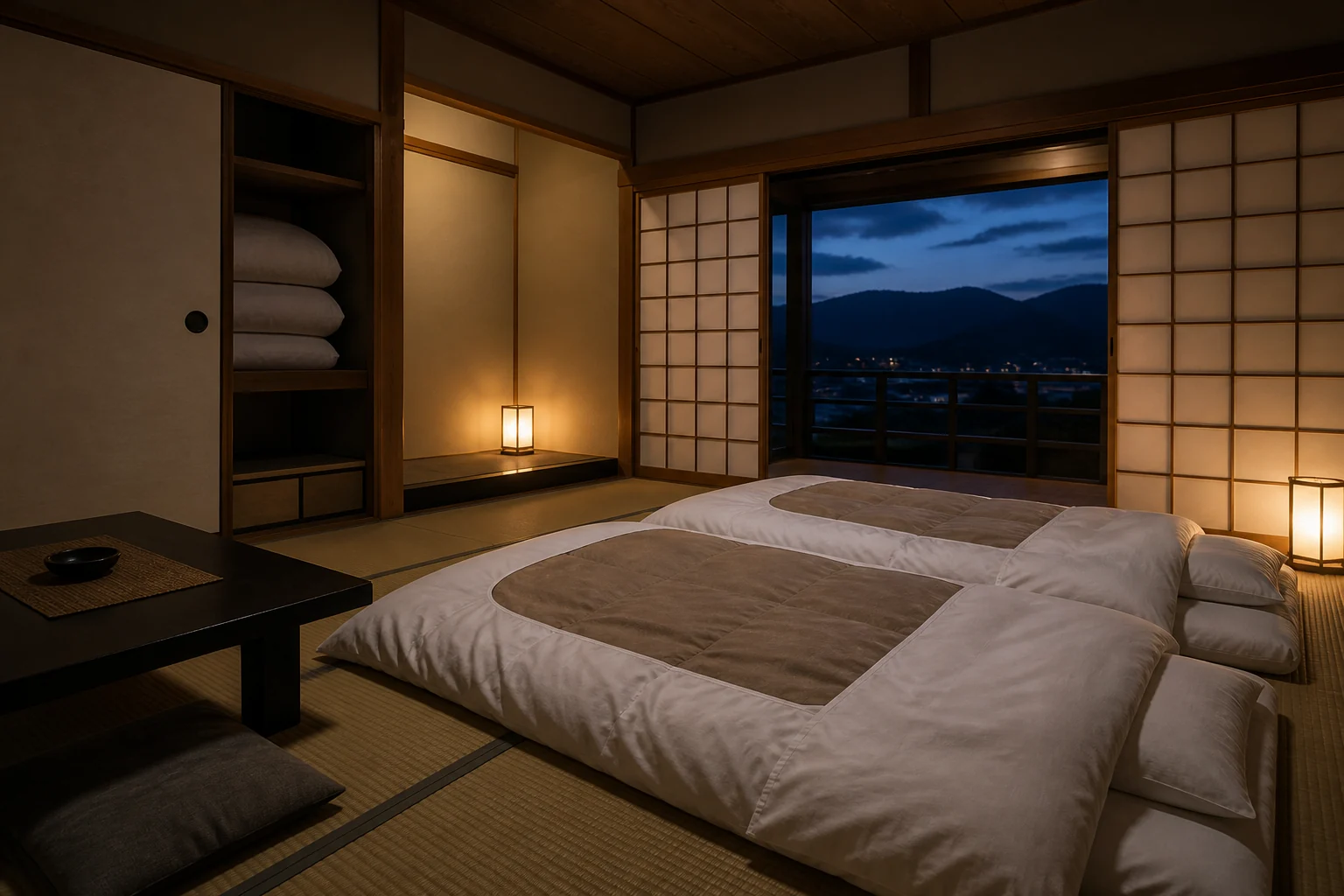 Bedding laid on tatami beside a storage closet in a Japanese-style room