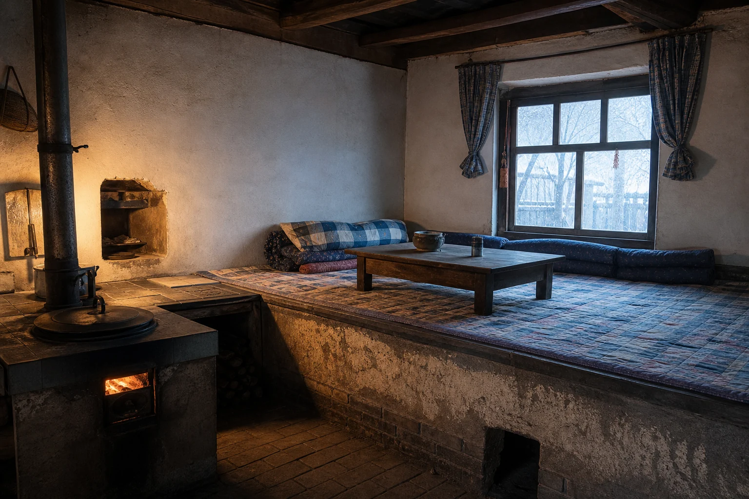A kang platform with low table and folded quilts in a northern home in winter