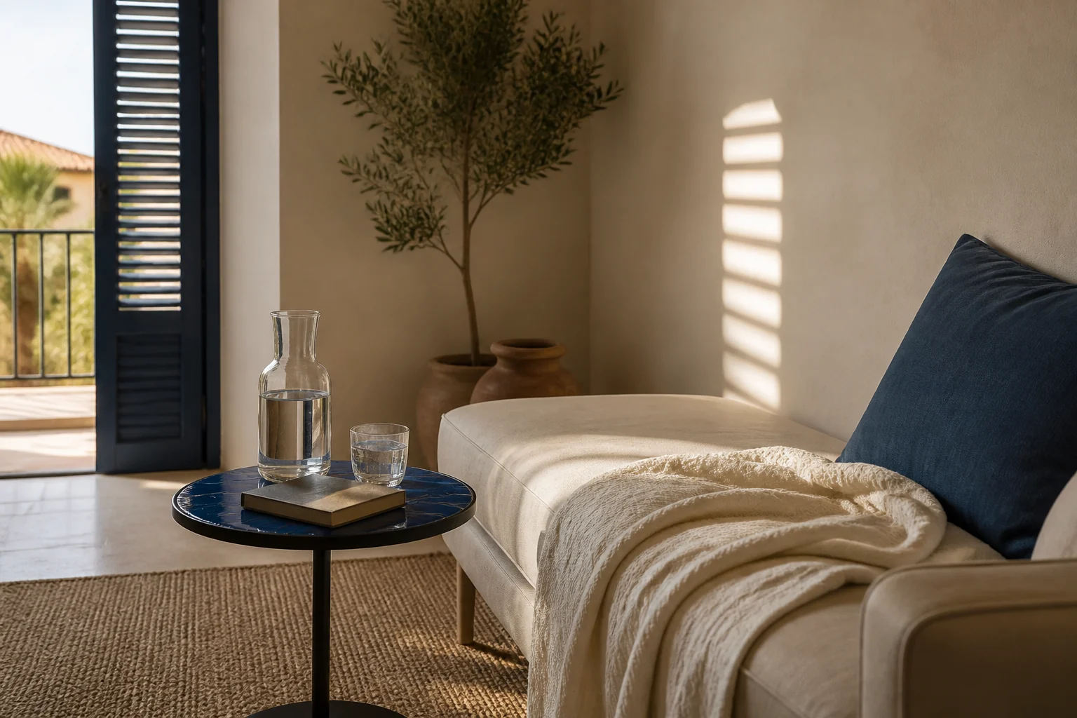 A Spanish rest space with afternoon light filtered through shutters