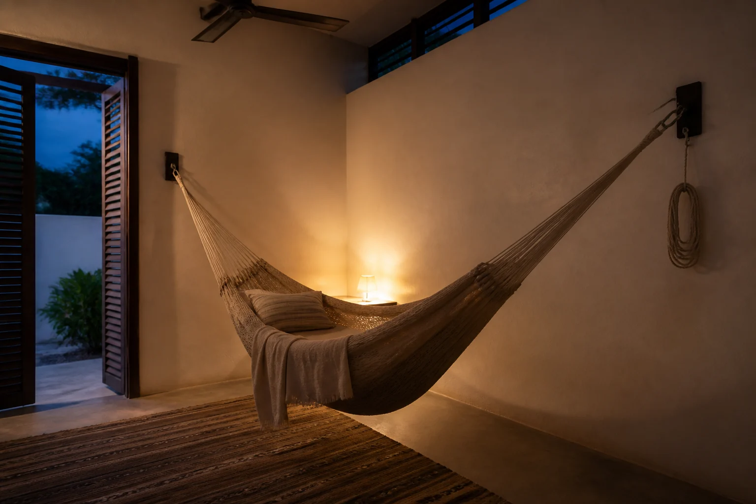 A woven hammock hanging in an airy room in Yucatan